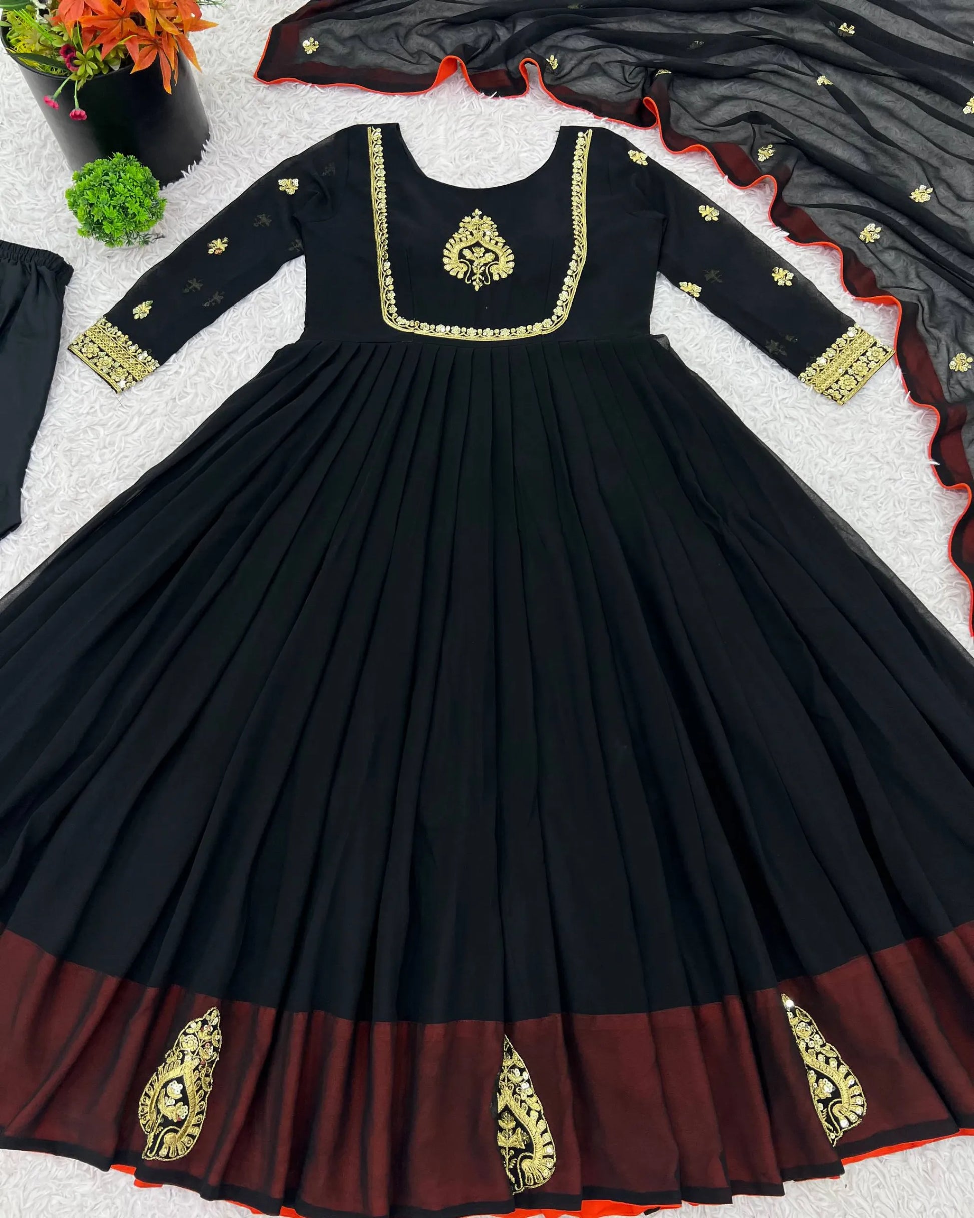 Black dress with gold embroidery suit