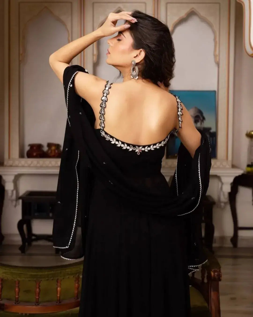 Black Anarkali Suit For Women With Dupatta Back Side