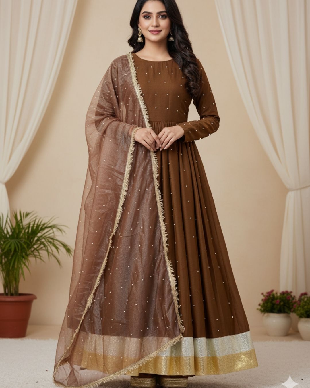 Brown Georgette Gown Suit Set With Dupatta