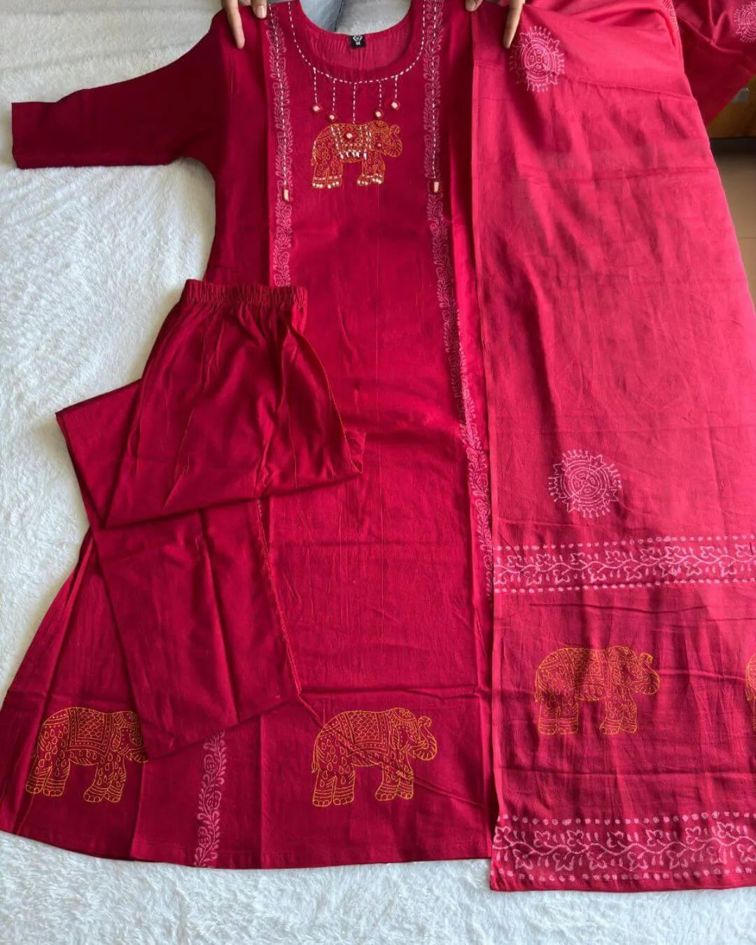 Cherry Red Pure Cotton A-Line Suit Set