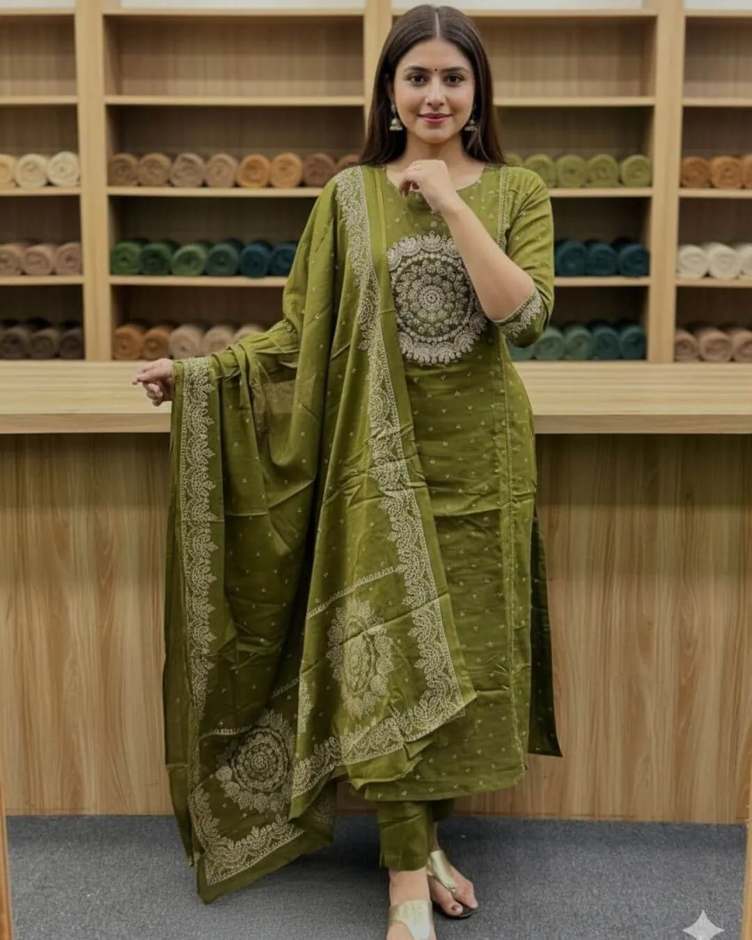 Woman wearing a green cotton kurti pant dupatta set traditional outfit