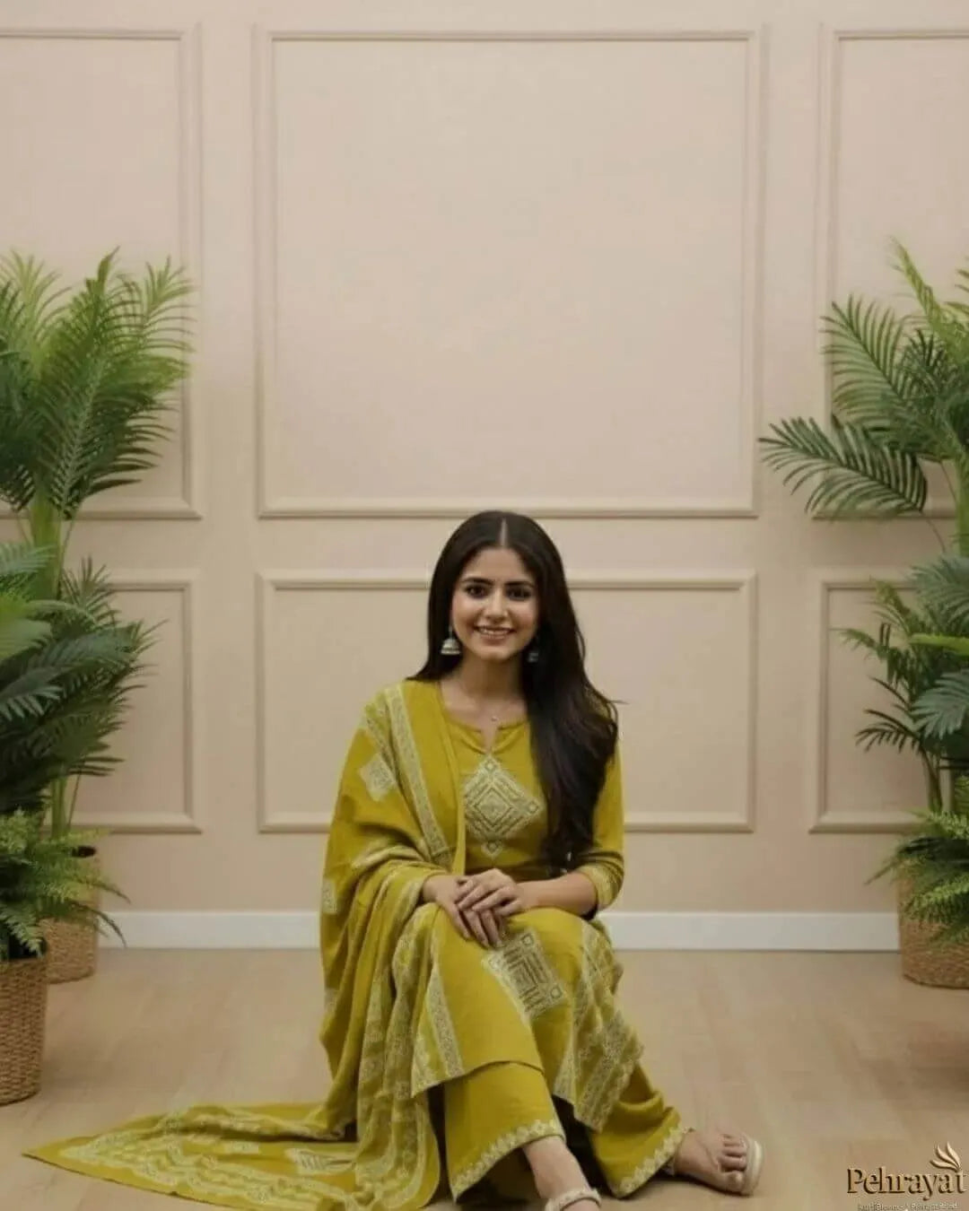 Cotton Mustard Colour Suit Set With Dupatta