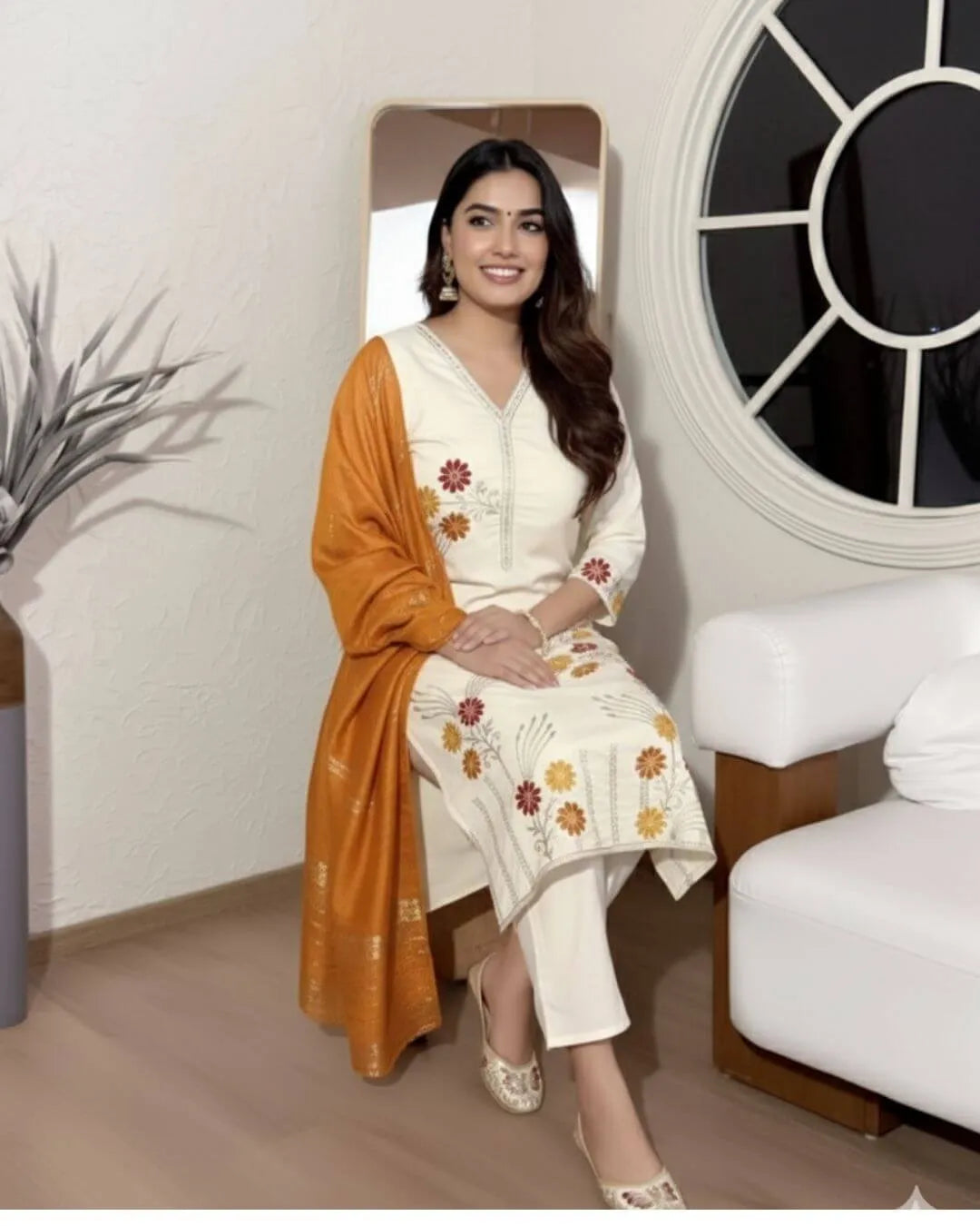 Woman in a cotton silk salwar suit set with dupatta outfit sitting in a modern room.