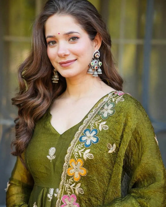 Green Silk Anarkali Sharara Suit Set