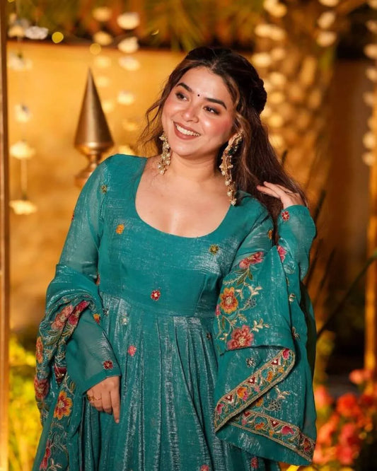 Green Embroidered Anarkali Style Sharara Suit Set