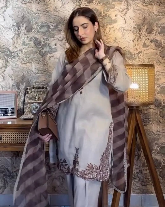 grey georgette suit set with dupatta