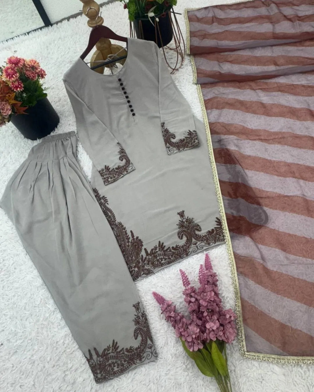 grey georgette suit set with dupatta