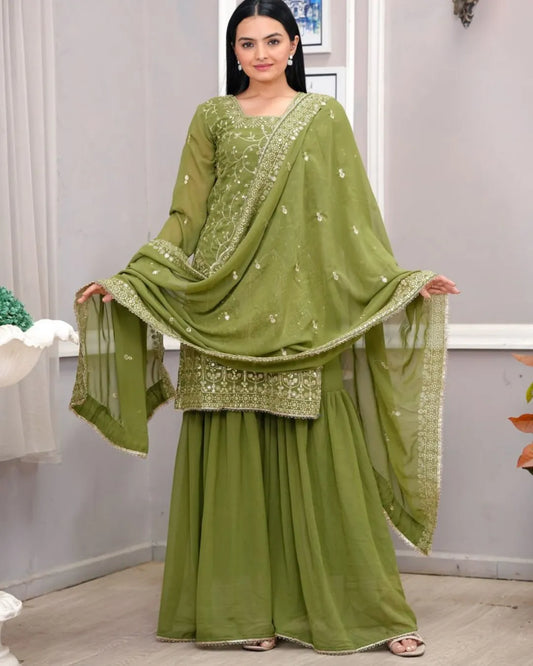 Designer Olive Green Georgette Sharara Suit Set