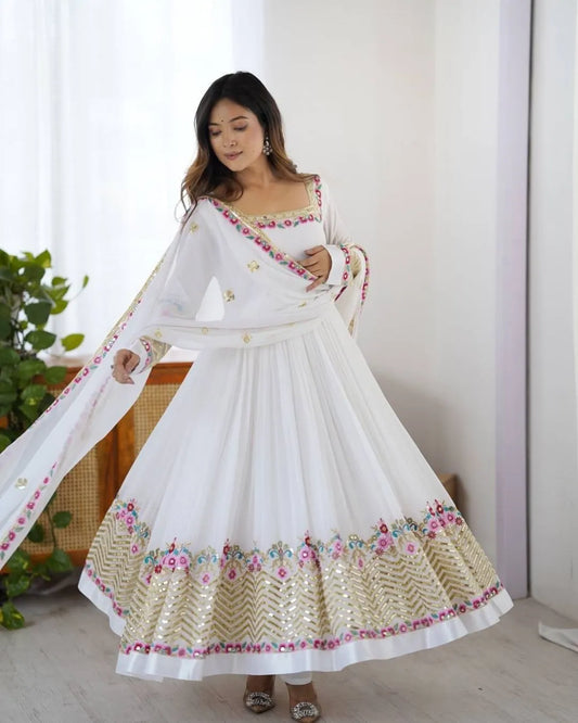 White Georgette Anarkali Suit Set With Dupatta