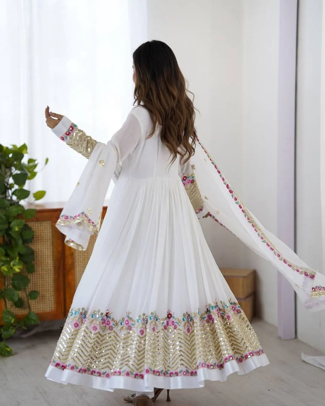 White Georgette Anarkali Suit Set With Dupatta back Side