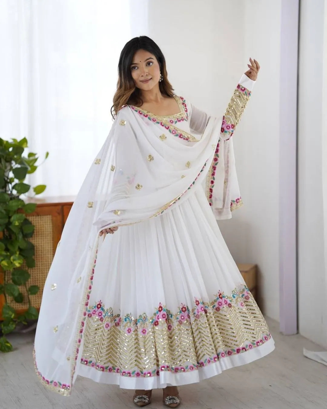 White Georgette Anarkali Suit Set With Dupatta