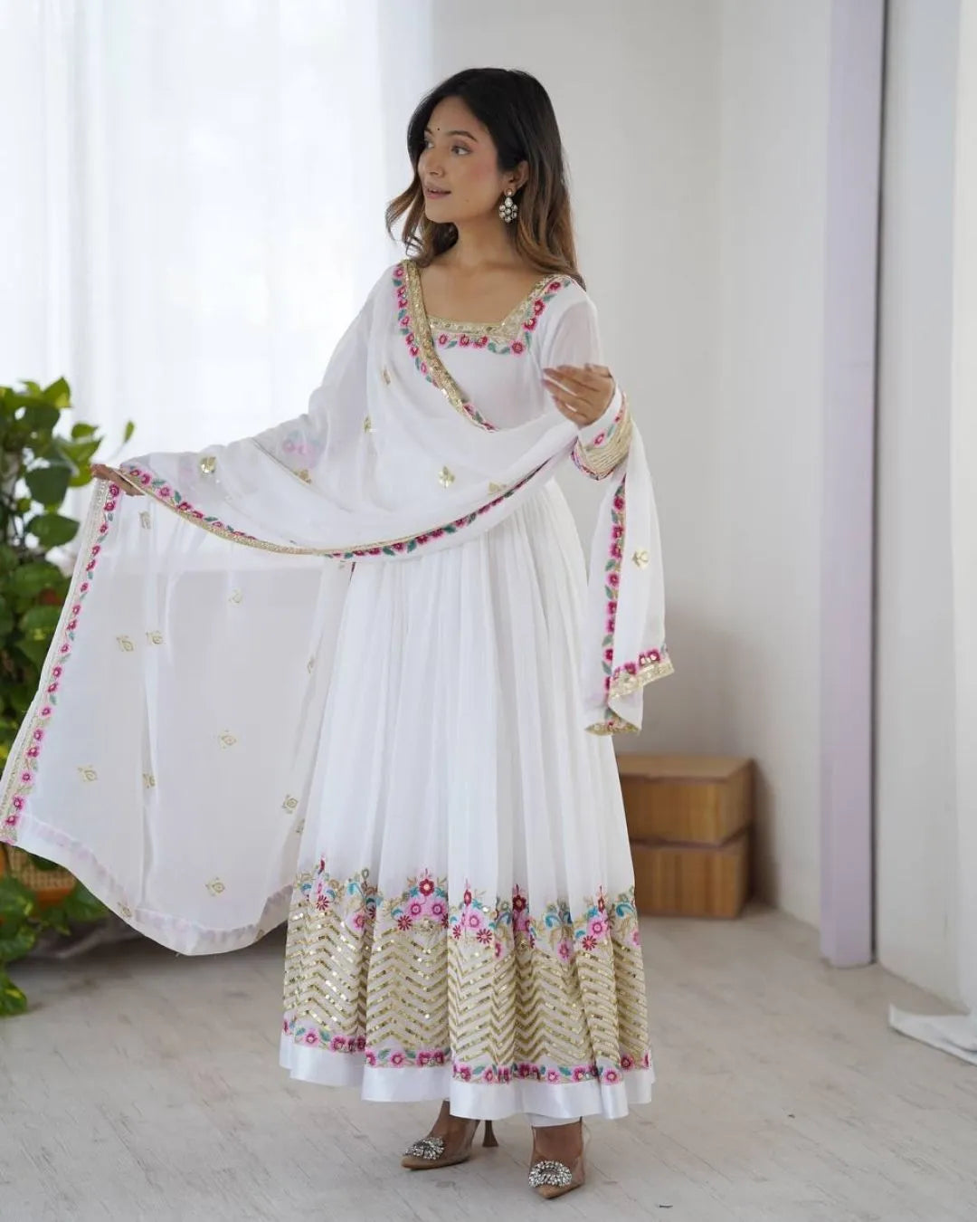 White Georgette Anarkali Suit Set With Dupatta