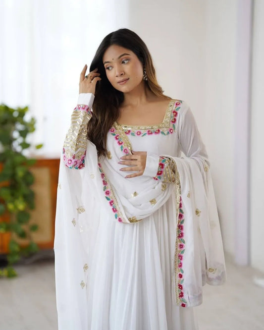 White Georgette Anarkali Suit Set With Dupatta Front Side