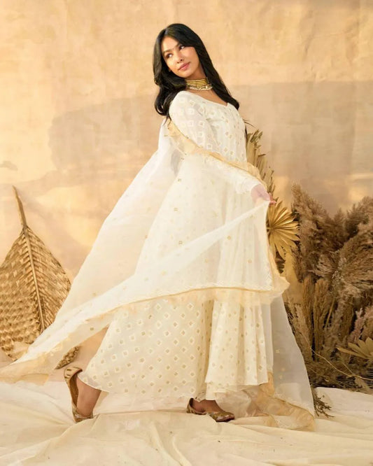 Party Wear White Anarkali Suit With Dupatta