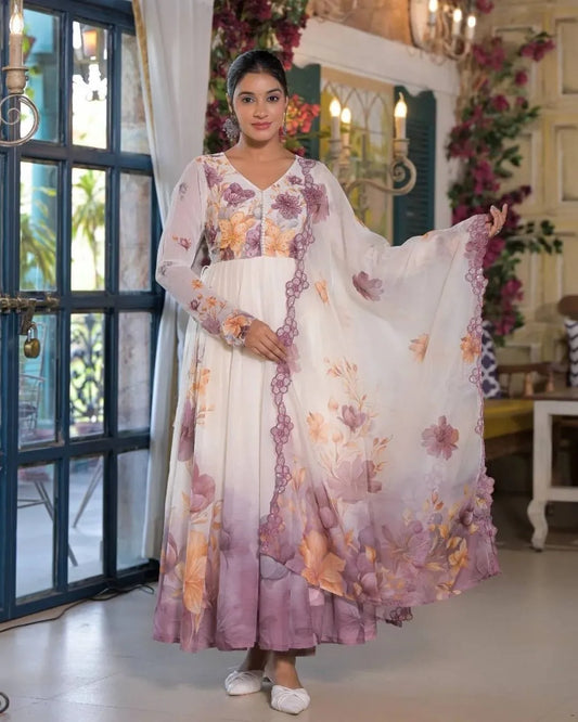 Organza Floral Anarkali Suit Set With Dupatta