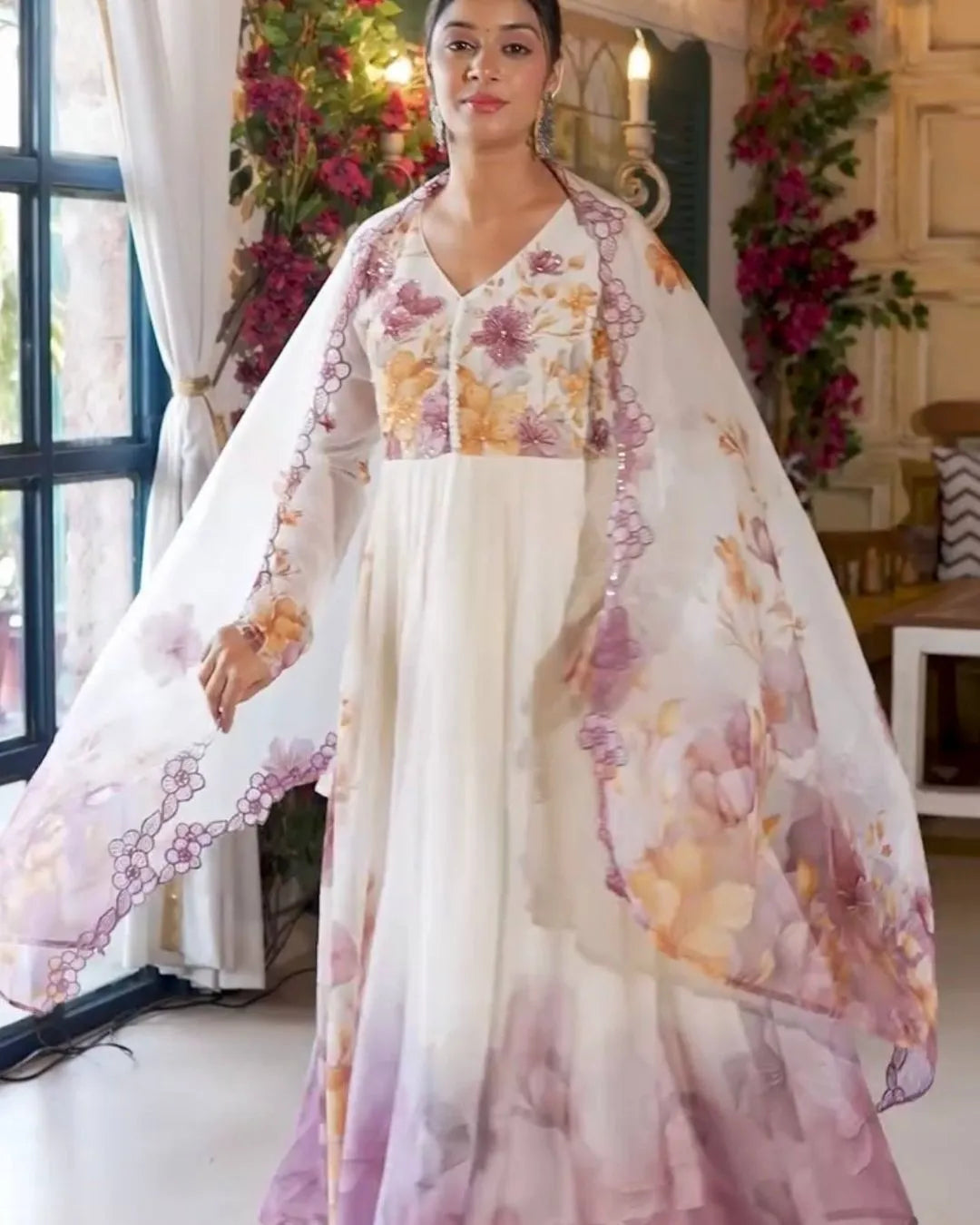 Organza Floral Anarkali Suit Set With Dupatta
