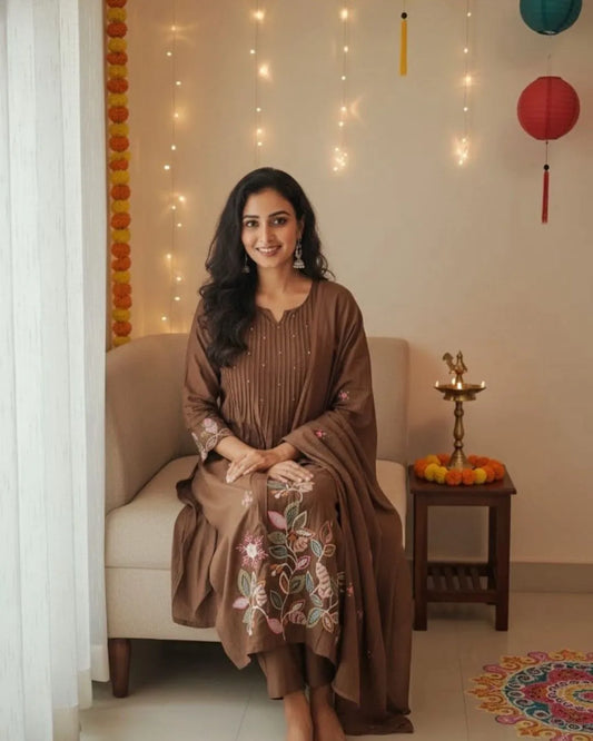 Floral Printed Brown Cotton Kurti Pant Set
