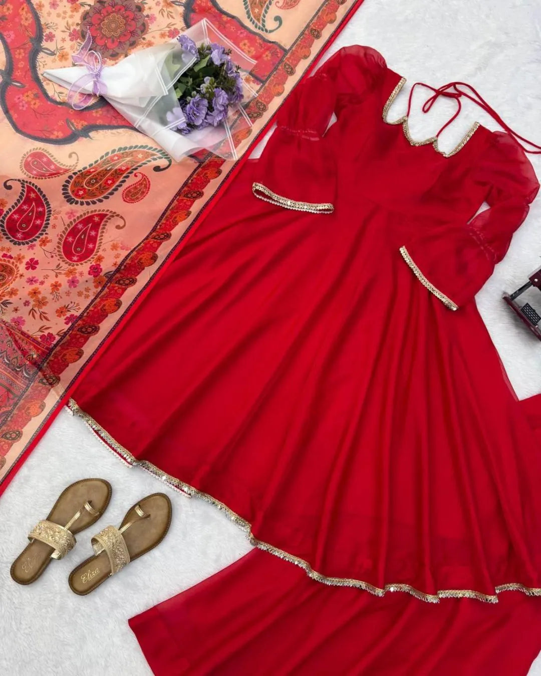 Full Sleeve Red Anarkali Plazo Suit with Mirror Lace Work & Dupatta