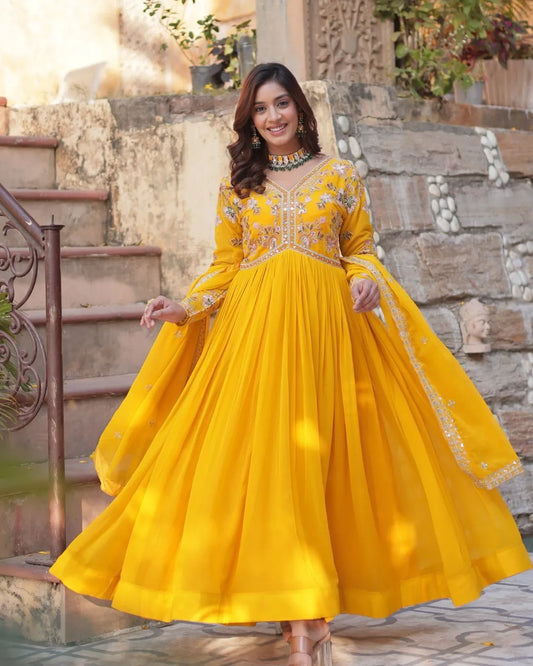 Full Sleeve Wedding Wear Yellow Color Anarkali Suit Set