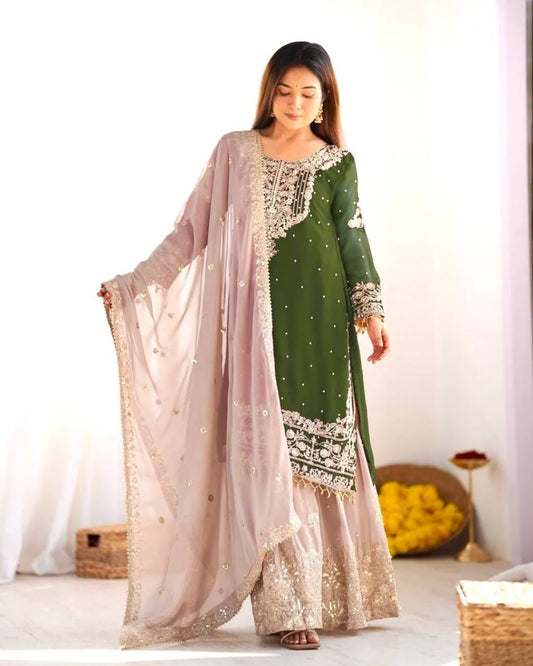 Dark Green Sharara Suit Set With Dupatta