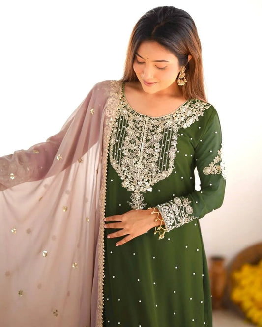 Dark Green Sharara Suit Set With Dupatta