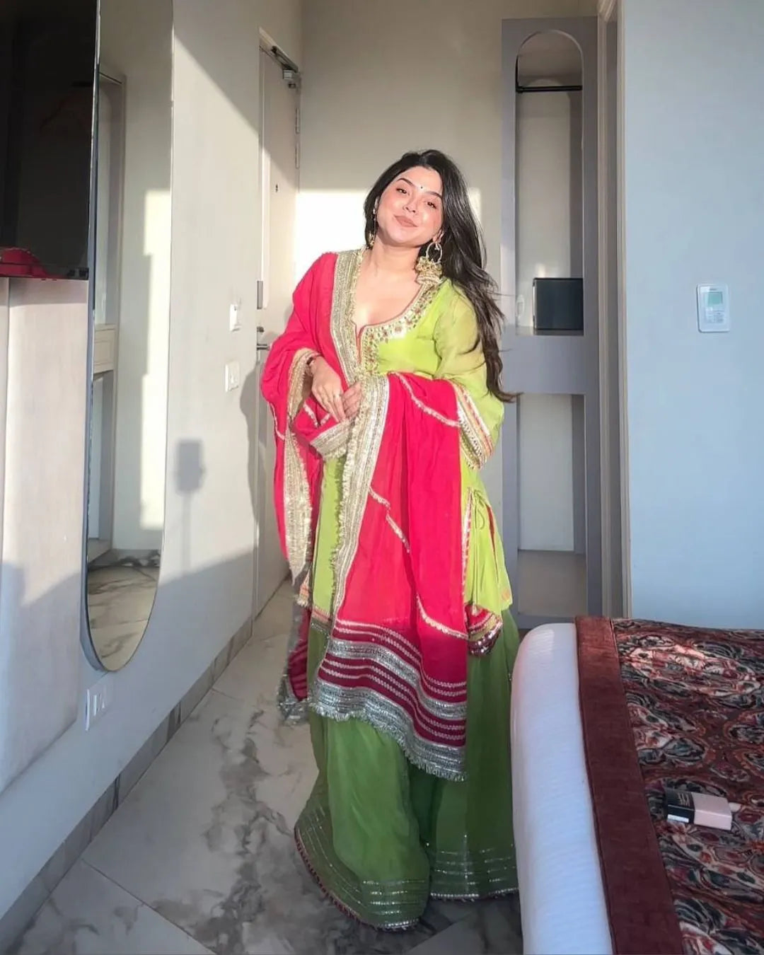 Party Wear Parrot Green Sharara Suit Set