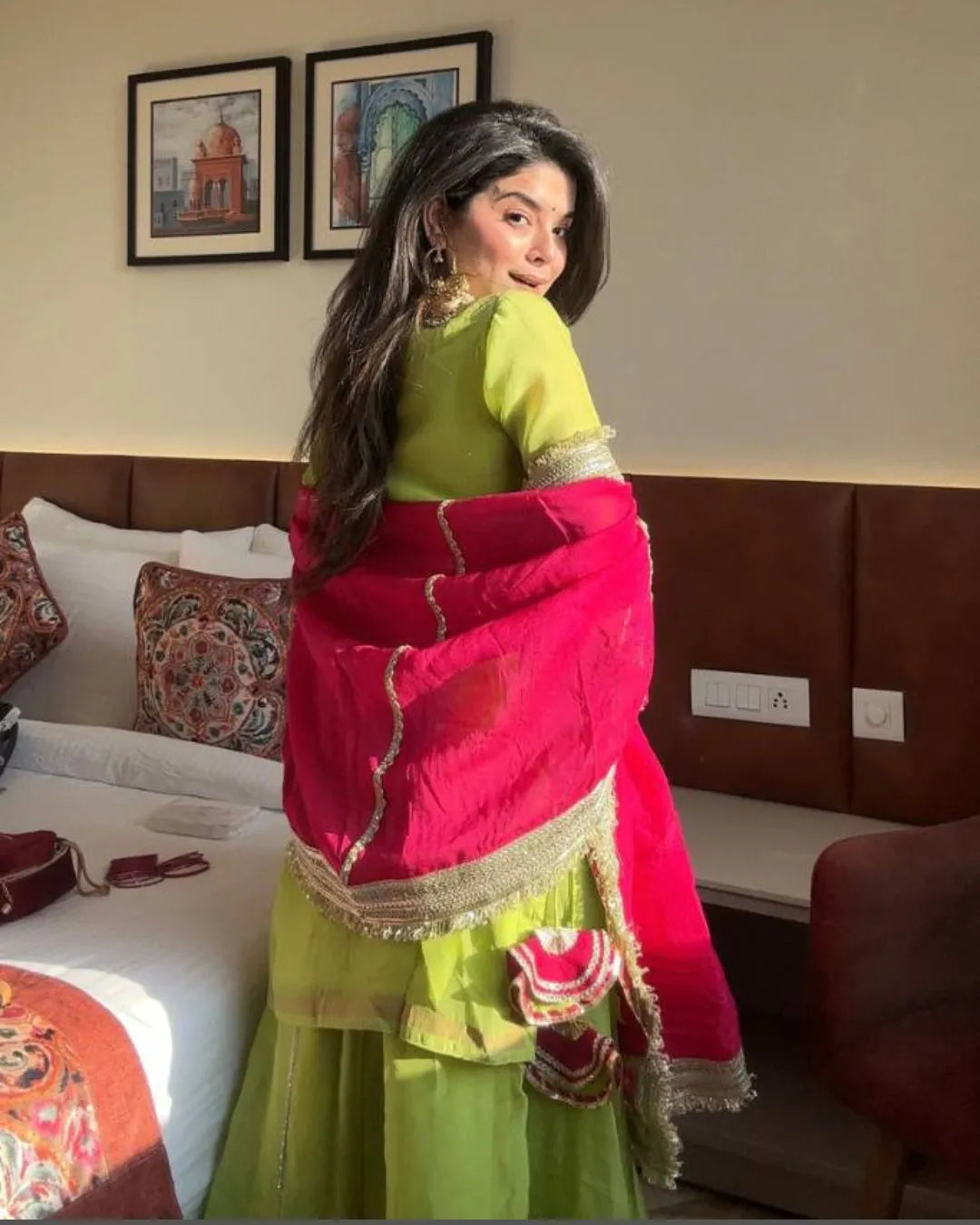 Party Wear Parrot Green Sharara Suit Set Backside