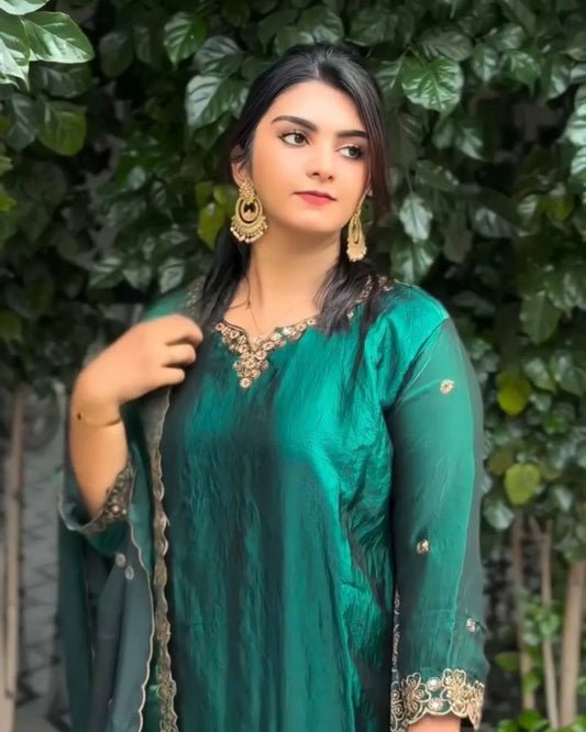 Green Silk Embroidered Suit Set with Dupatta
