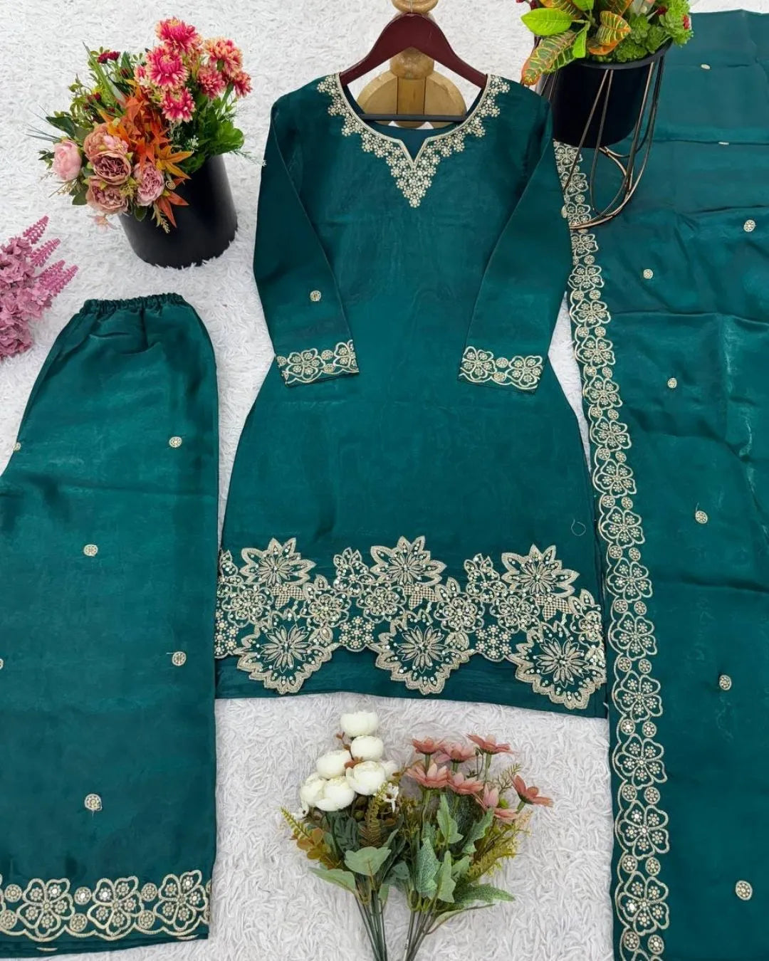 Green Silk Embroidered Suit Set with Dupatta