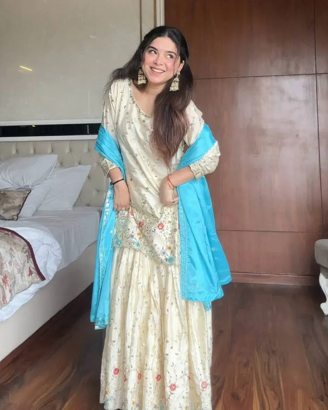 White Chinon Sharara Suit Set with Dupatta
