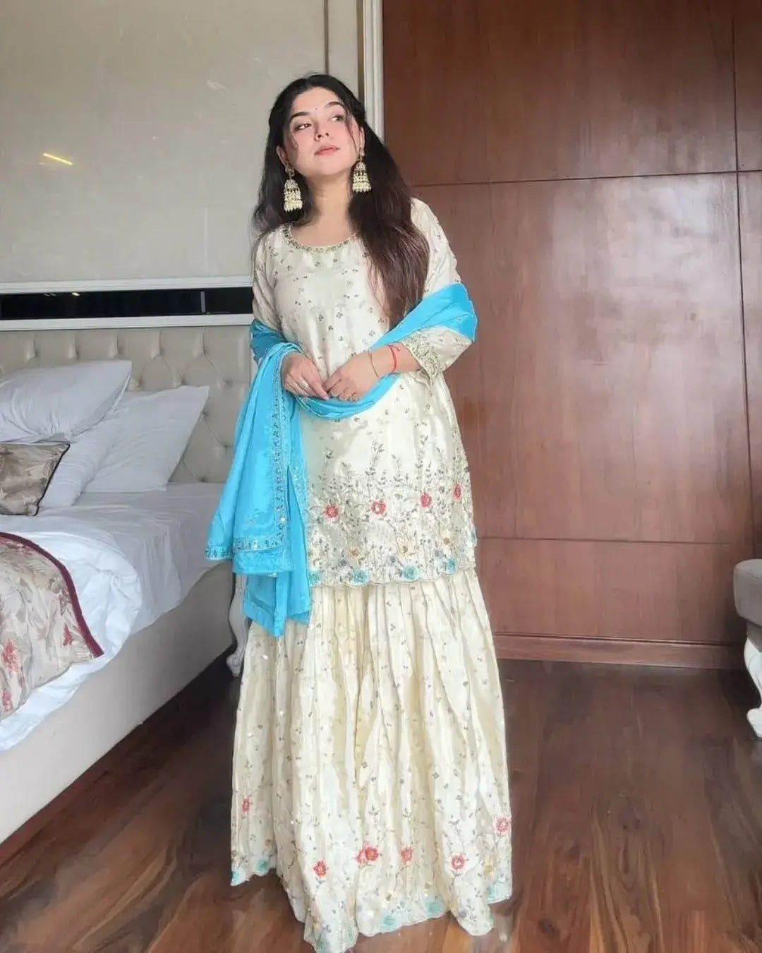 White Chinon Sharara Suit Set with Dupatta