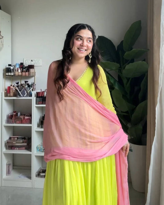 Lime Green Georgette Anarkail Gown Suit Set