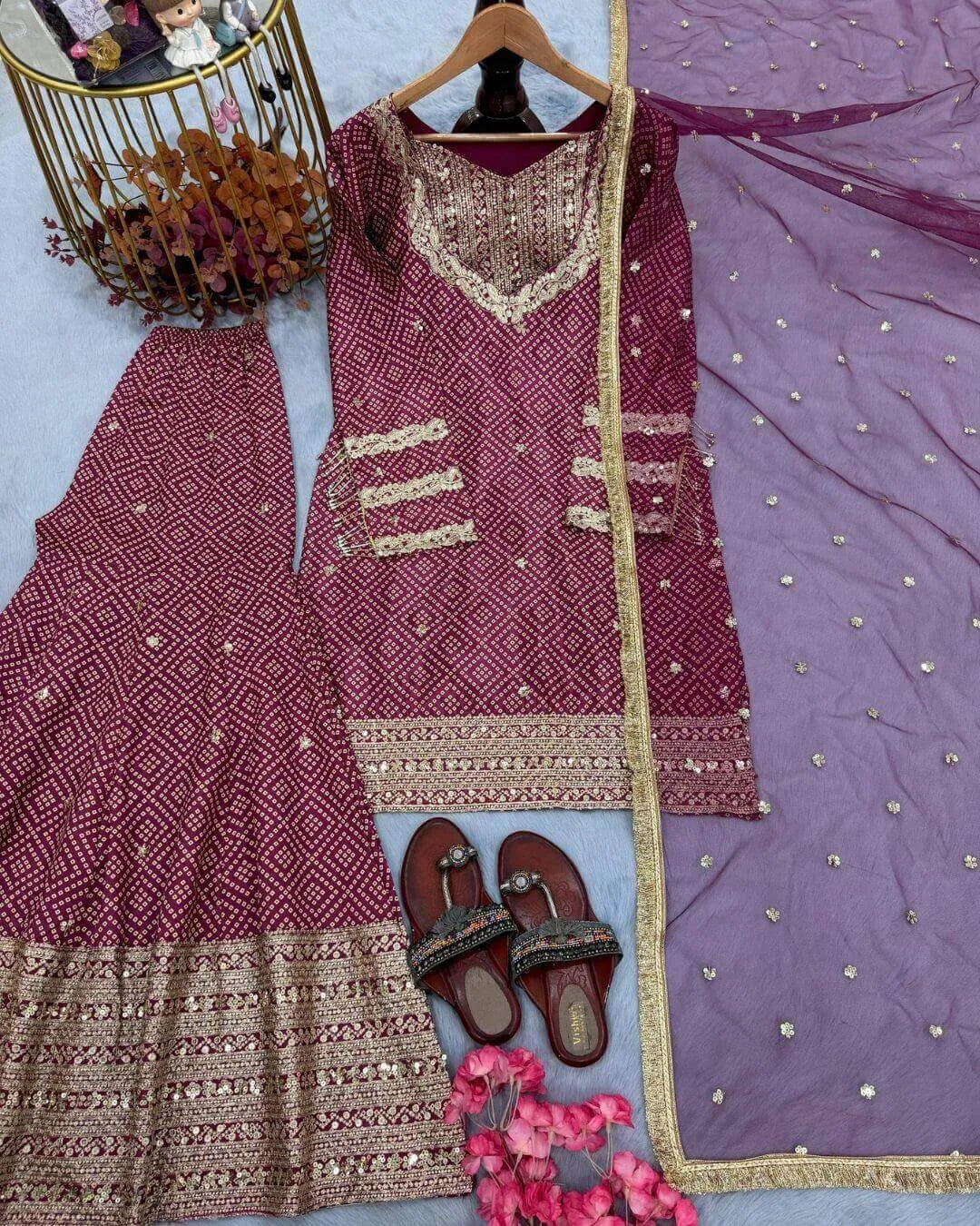 Maroon Sharara Suit Set Party Wear