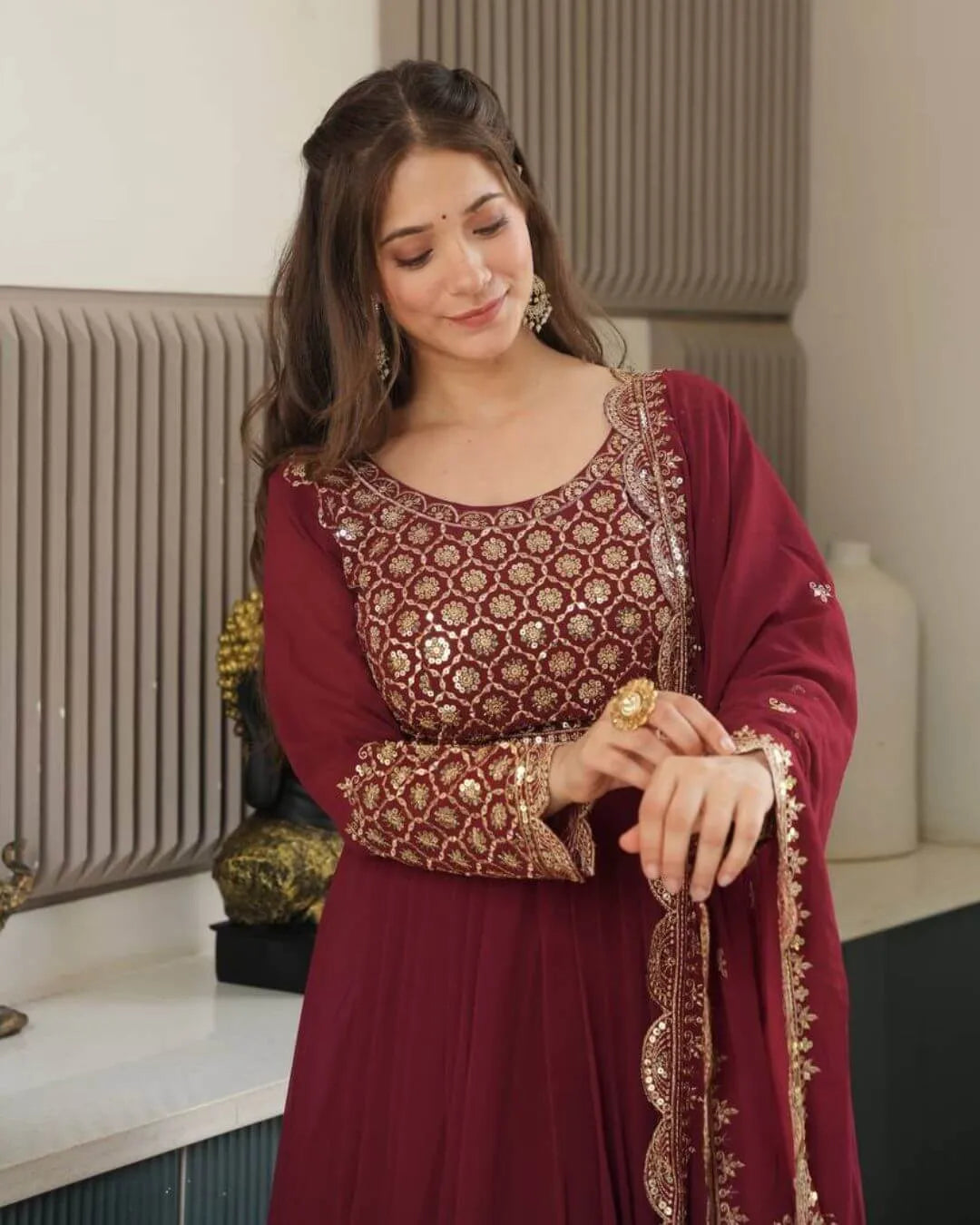 Maroon Colour Anarkali Suit Set With Dupatta