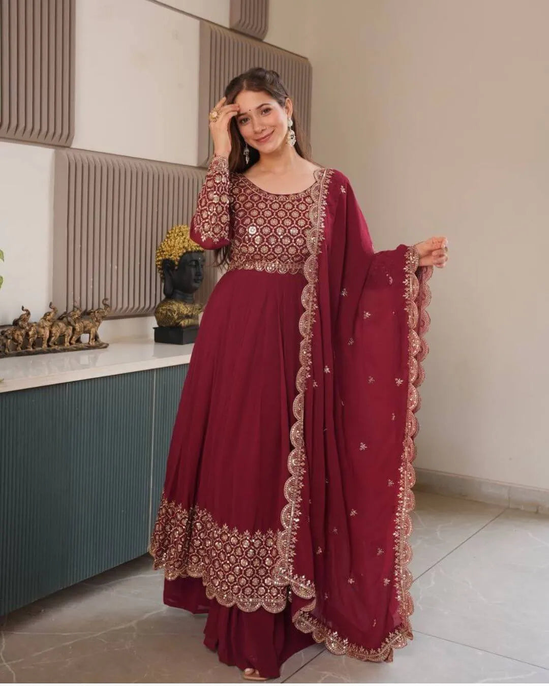 Maroon Colour Anarkali Suit Set With Dupatta