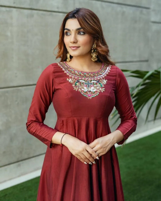 Maroon Silk Anarkali Suit Set with Dupatta