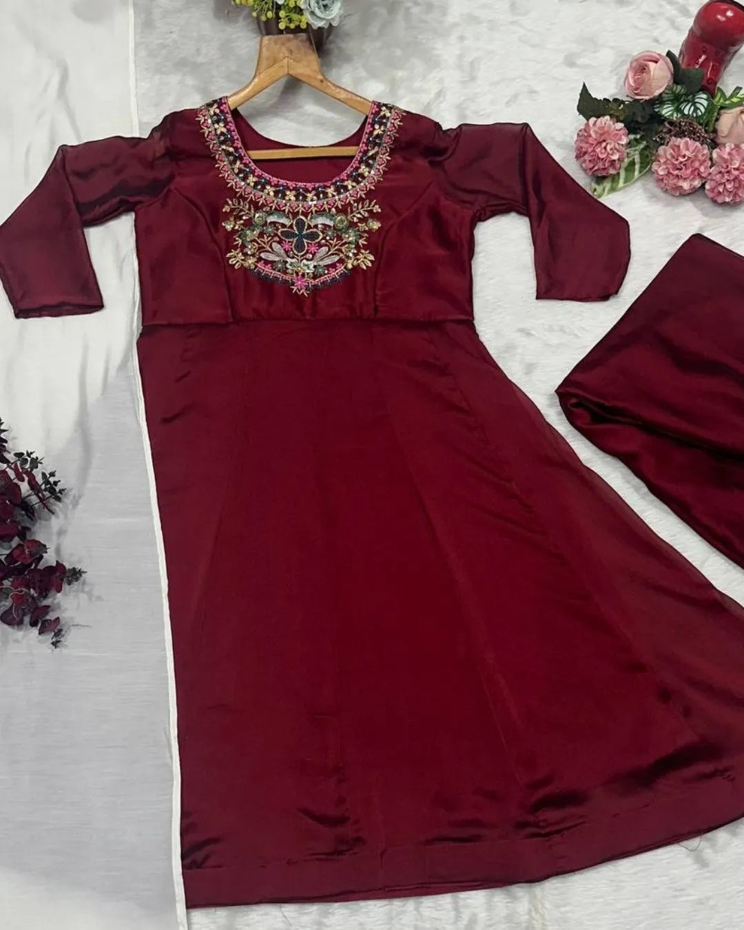 Maroon Silk Anarkali Suit Set with Dupatta