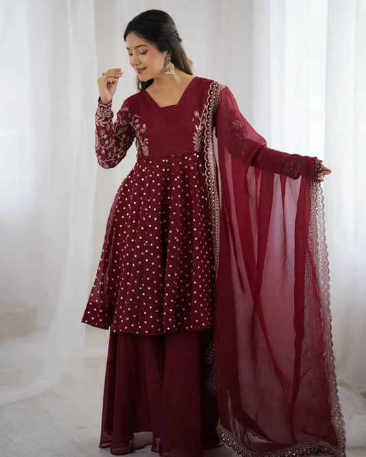 Maroon Sharara Suit Set With Dupatta