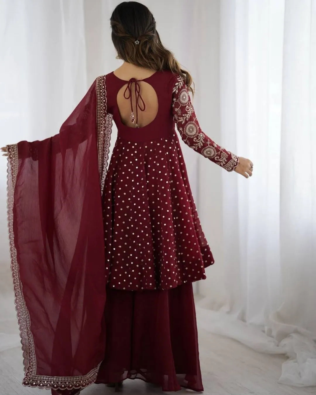 Maroon Sharara Suit Set With Dupatta Back Look