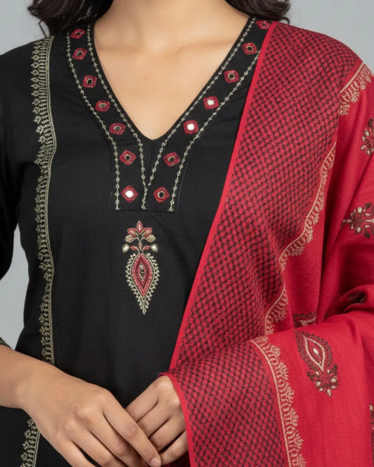 Mirror Work Black Cotton Kurti Pant Dupatta Set