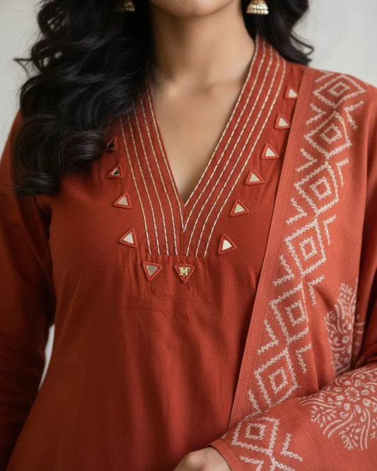 Mirror Work Orange Cotton Kurta Pant Dupatta Set