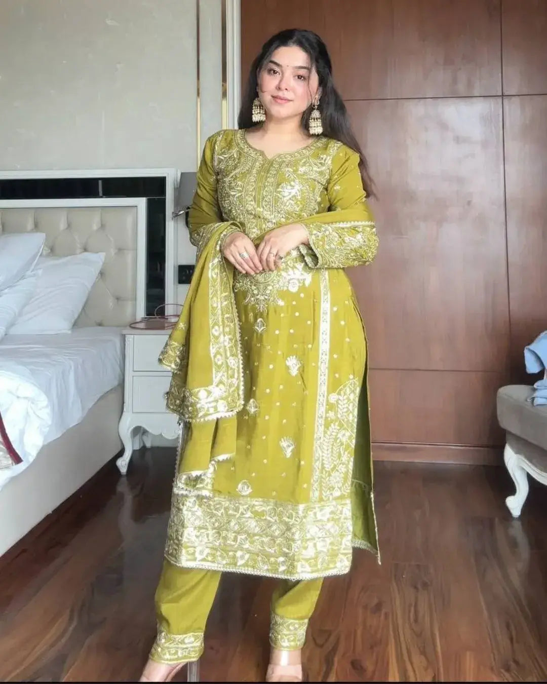 Mustard Chinon Embroidered Kurti Pant Set with Dupatta