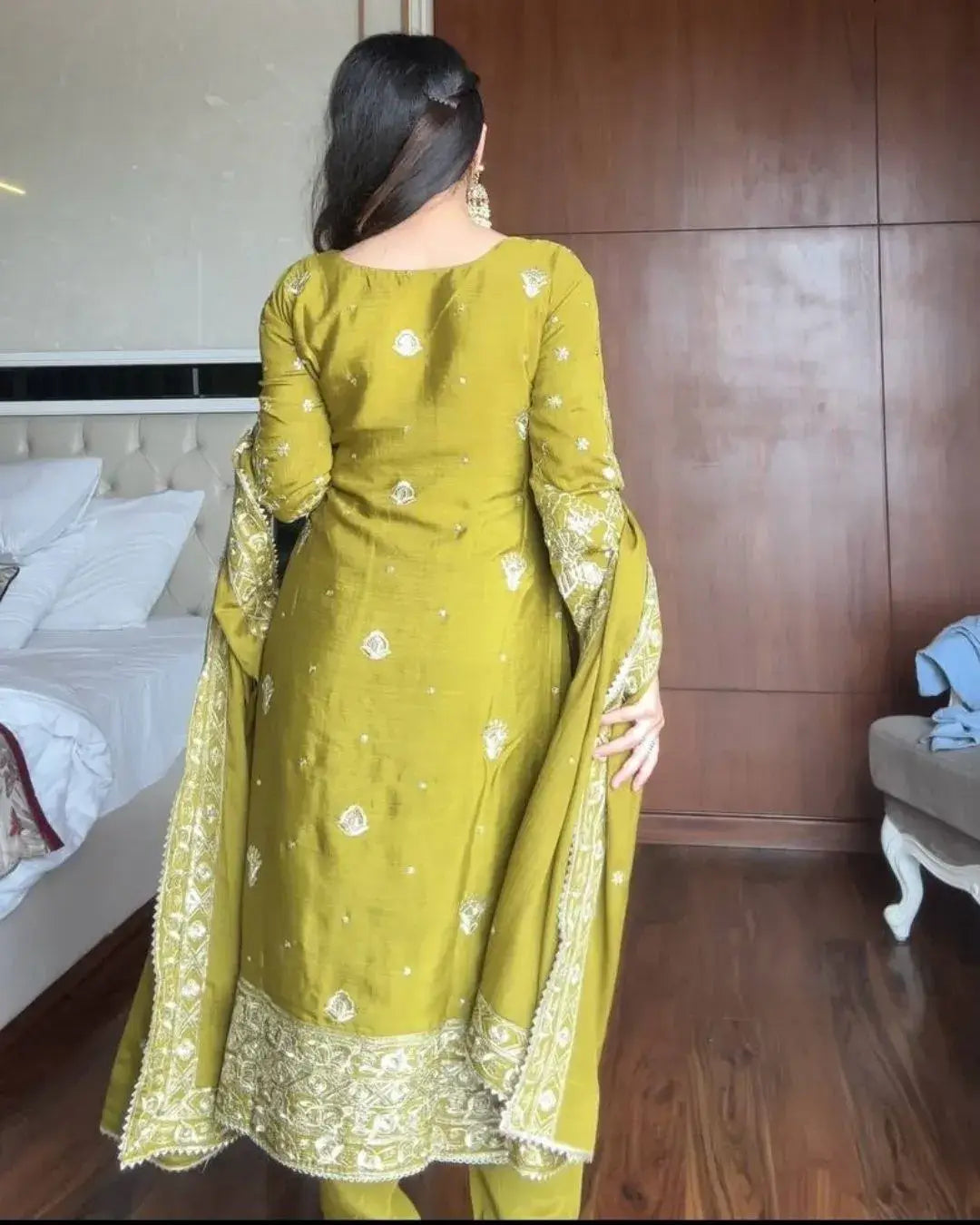 Mustard Chinon Embroidered Kurti Pant Set with Dupatta back side design showing