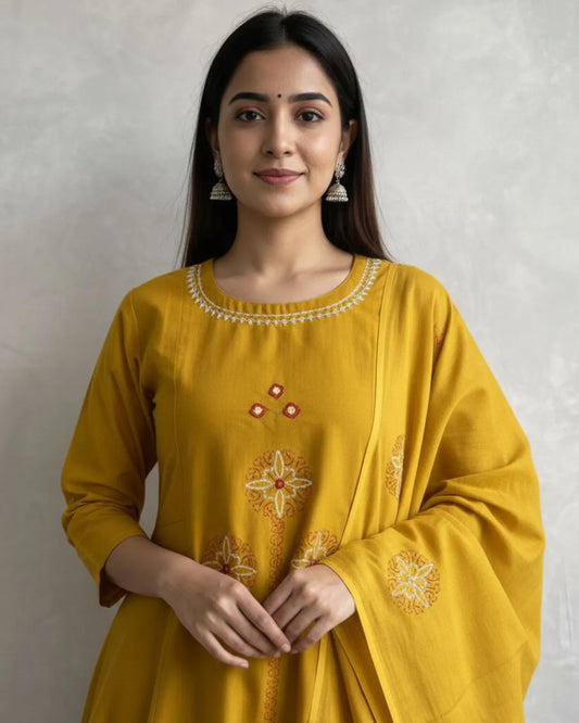 Mustard Yellow Cotton Kurta Pant Dupatta Set