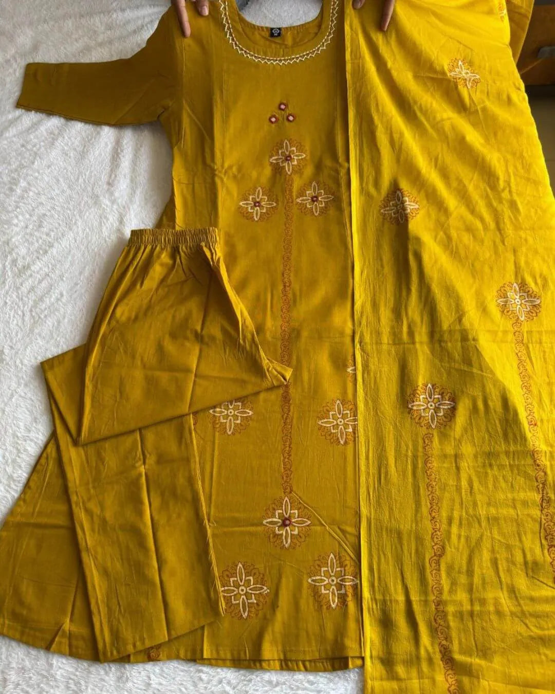 Mustard Yellow Cotton Kurta Pant Dupatta Set