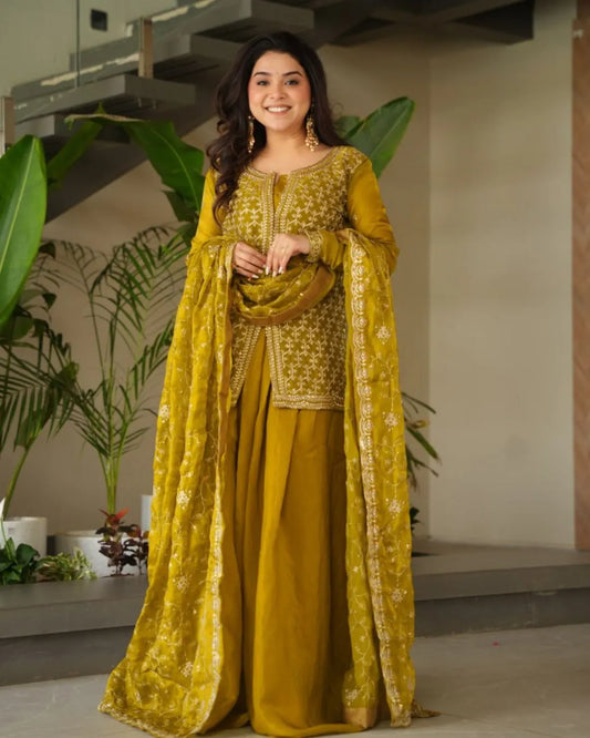 Yellow Sharara Suit with Short Kurti & Dupatta
