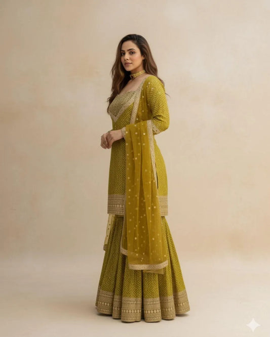 Olive Green Chinon Silk Sharara Suit Set
