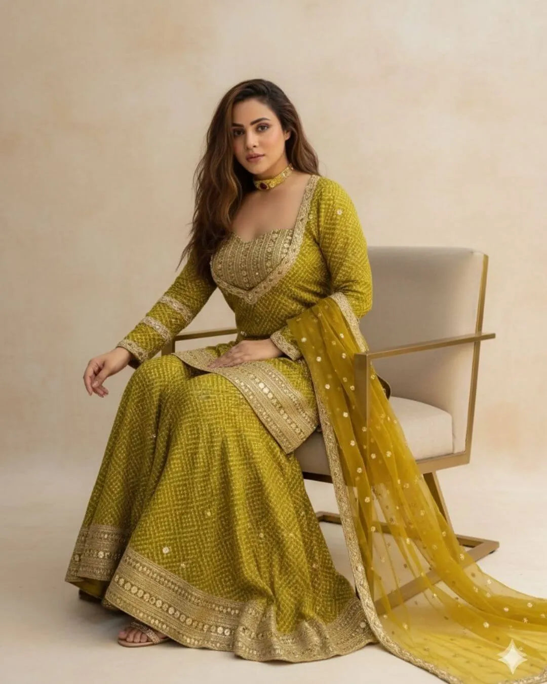 Olive Green Chinon Silk Sharara Suit Set