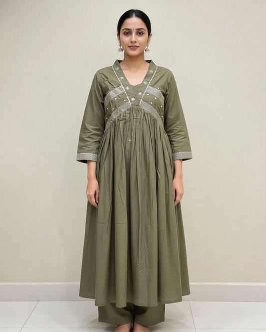 Olive Green Handwork Cotton Anarkali Suit