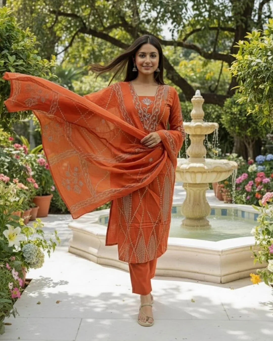 Woman in an orange cotton A-Line suit set traditional outfit standing in a garden with a fountain.